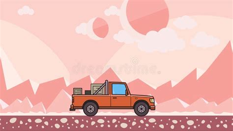 Animated Red Pickup Truck With Boxes In The Trunk Riding On The Beach