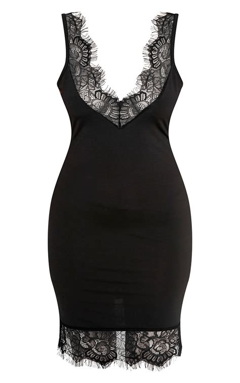 Claudiana Black Lace Trim Slip Dress Dresses Prettylittlething Usa