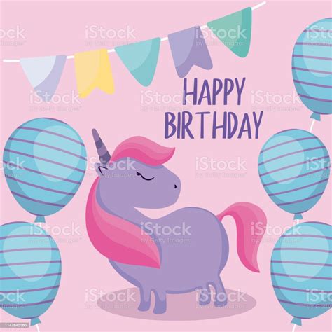 Happy Birthday Card With Cute Unicorn Stock Illustration Download