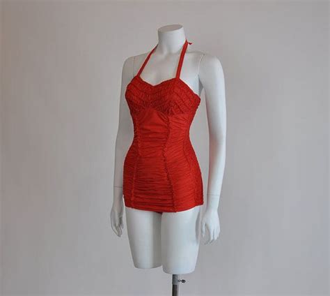 50s Swimsuit Vintage 1950s Red Ruched Janzten Swimsuit Vintage