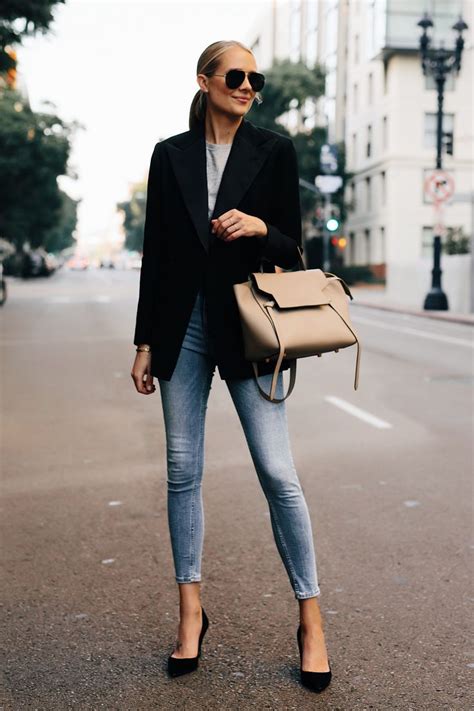 Blonde Woman Wearing Ralph Lauren Polo Black Blazer Grey Tshirt Denim