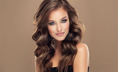 Brown Haired Woman Voluminous Shiny Curly Hairstyle Frizzy Hair Stock