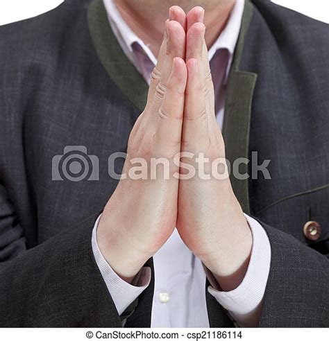 Front View Of Male Praying Hands Hand Gesture Isolated On White