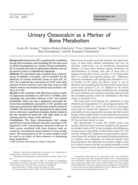 Pdf Urinary Osteocalcin As A Marker Of Bone Metabolism