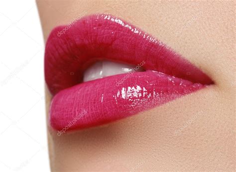 Sexy Pink Wet Lip Makeup Close Up Of Beautiful Full Lips