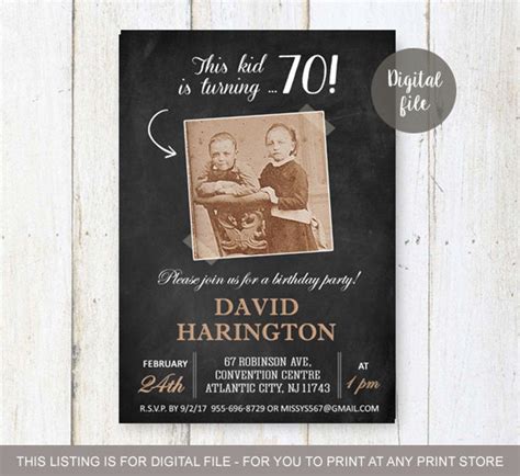 70th Birthday Invitation With Picture For Men Chalkboard Etsy