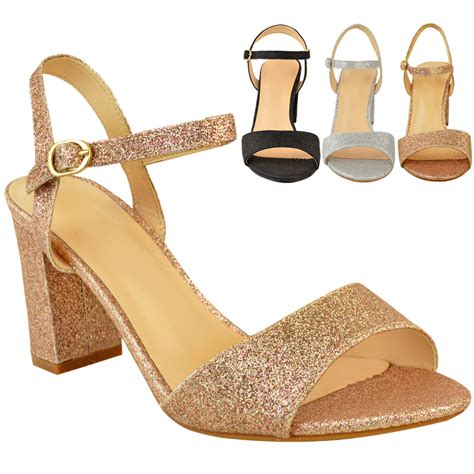 Ladies Womens Low Block Heel Party Bridal Glitter Sandals Wedding Prom Shoes Sz Ebay
