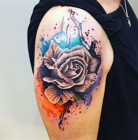 Rose Watercolored Aquarell Realistic Mix Tattoo On Arm By Ritchey