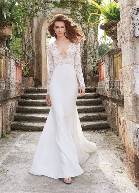 Ivory Venise Lace And Crepe Sheath Bridal Gown Long Sleeve Bodice With Cashmere Lining And Deep