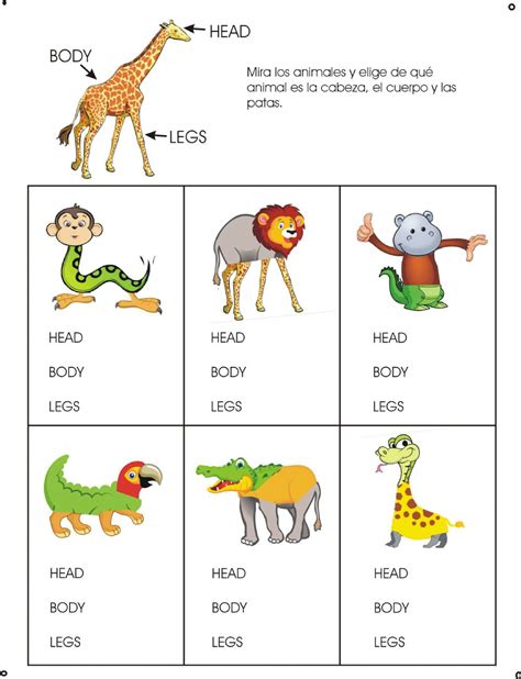 4 different activities to practice wild animal names, their habitat, and parts of their bodies. Animal body parts - Interactive worksheet