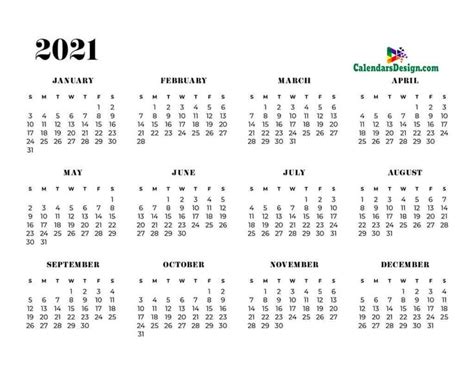 12 Month Calendar 2021 One Page Printable 12 Month Calendar 12 Month
