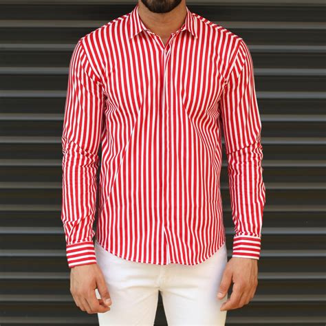 Mens Striped Slim Fit Casual Shirt In Red