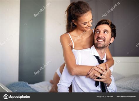 Attractive Sensual Couple Sharing Intimate Moments Bedroom Stock Photo