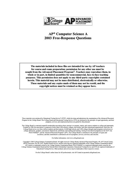 Ap computer science free response. 2003 AP® Computer Science A Free-Response Questions AP ...