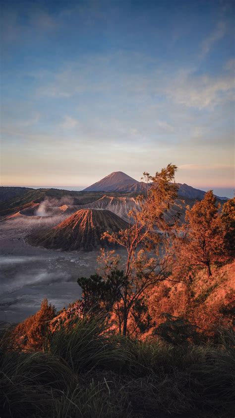 Download Wallpaper 2160x3840 Volcano Mountains Dawn Sunrise Grass