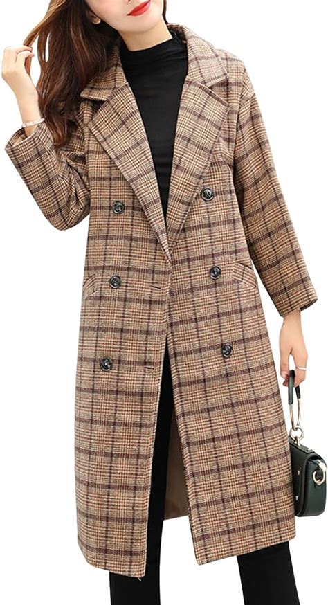 Tanming Women S Double Breasted Long Plaid Wool Blend Pea Coat Outerwear Amazon Au Fashion