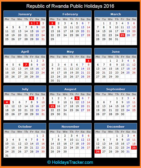 (dates in red are long weekends). Rwanda Public Holidays 2016 - Holidays Tracker