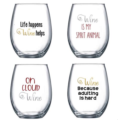 Set Of 4 Stemless Wine Glasses With Funny Cute Sayings Etsy New Zealand