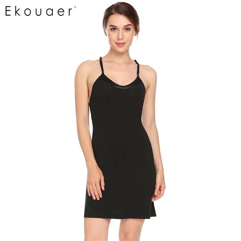 Ekouaer Women Summer Sexy Sleepwear Spaghetti Strap Nightgown V Neck Chemise Sleepshirt Slit Hem