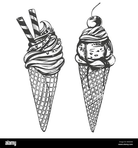 Ice Cream Set Hand Drawn Vector Illustration Realistic Sketch Stock