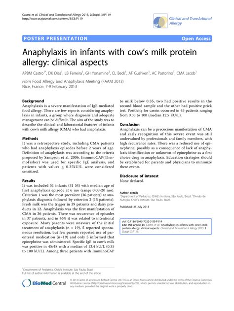 Pdf Anaphylaxis In Infants With Cows Milk Protein Allergy Clinical