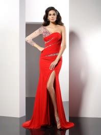 Sheath Column One Shoulder Beading Sleeves Long Chiffon Dresses