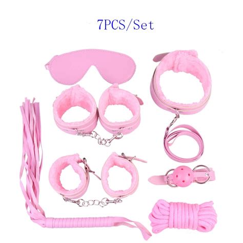 Pink 7pcsset Role Play Faux Leather Fetish Erotic Toys Bondage Restraints Kit Mask Ball Gag