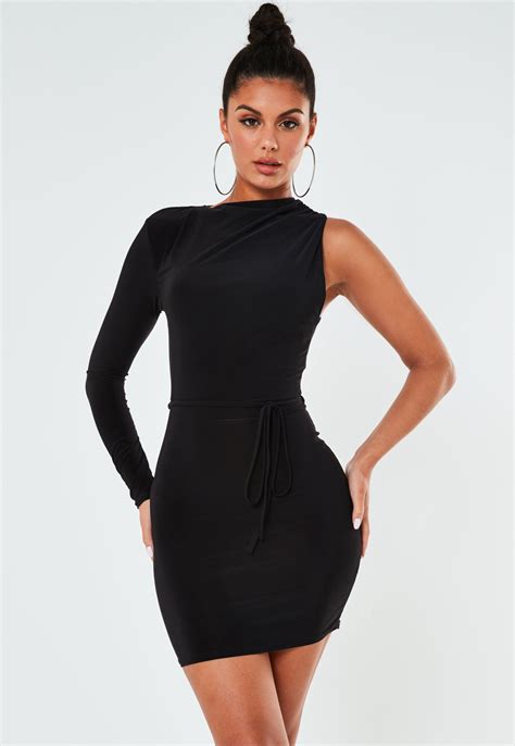 Black Slinky High Neck One Sleeve Mini Dress Sponsored High