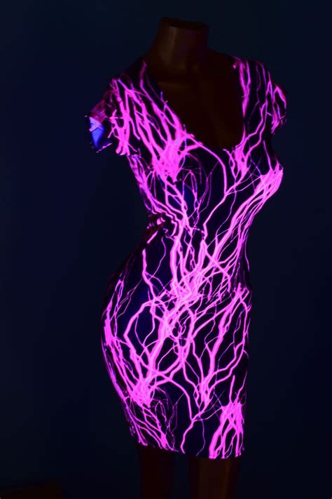 Neon Uv Glow Hot Pink Lightning Print Lycra Spandex Rave Clubwear Cap Sleeve Dress 150171 By