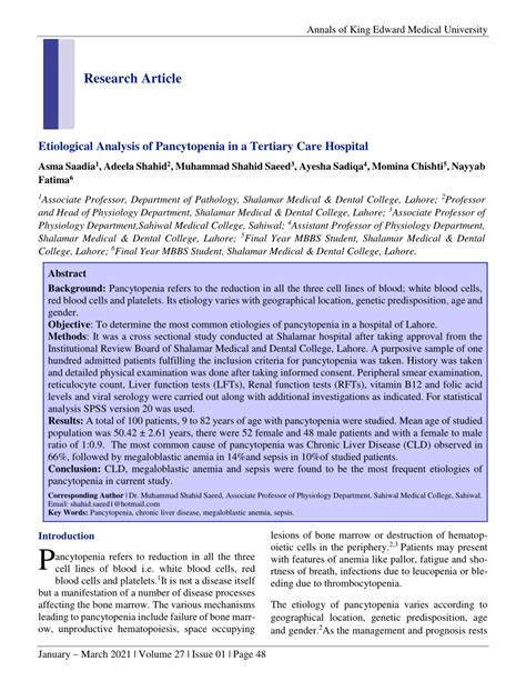 PDF Etiological Analysis Of Pancytopenia In A Tertiary Care Hospital