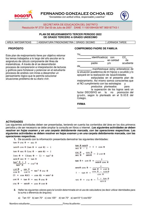 Plan De Mejoramiento Matem Ticas Tercer Periodo Decimo