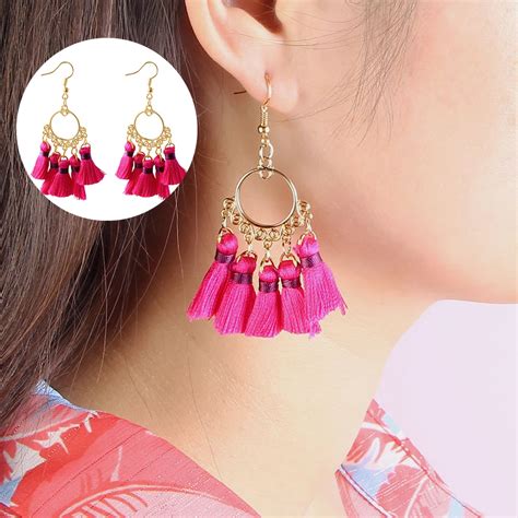buy bohemian boho ethnic fashion tassel earrings silk fabric 3 layer fringe