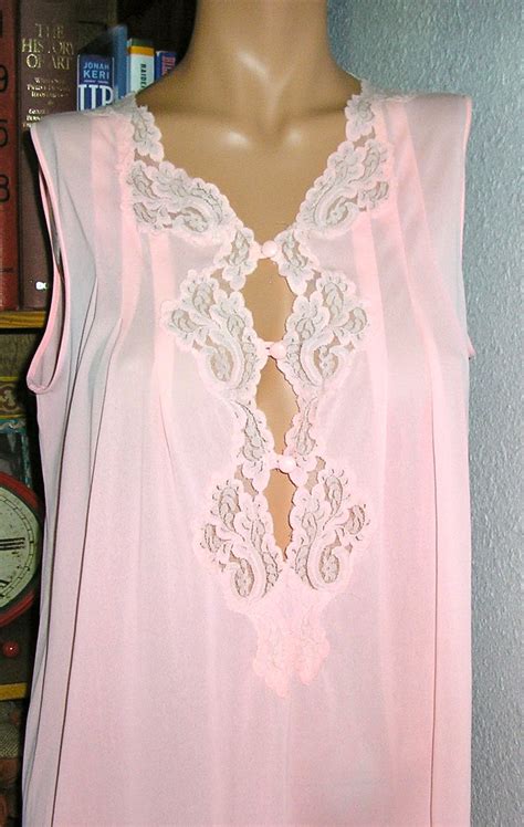 vintage 70s kayser pink nylon sleeveless nightgown lace etsy