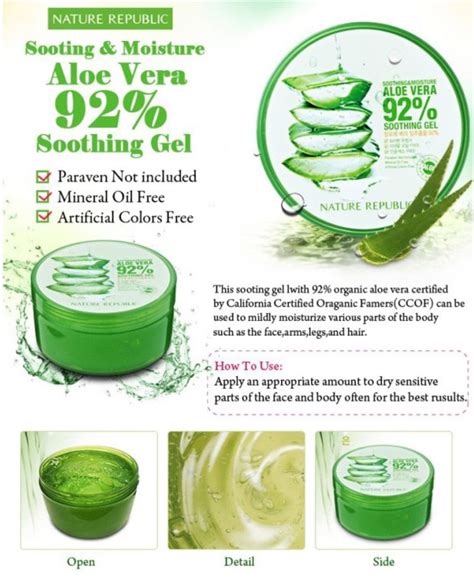 This soothing gel with california aloe vera can be used to mildly moisturize various parts of the body such as the face, arms, legs, and hair. Nature Republic Aloe Vera 92% Soothing Gel Review - La ...