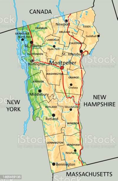 High Detailed Vermont Physical Map With Labeling Stock Illustration