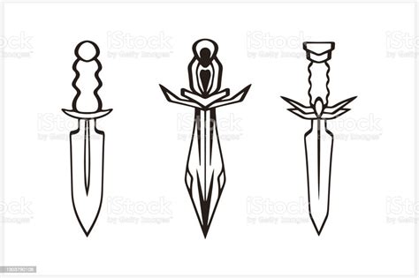 Vintage Dagger Icon Isolated On White Doodle Art Line Sketch Knife