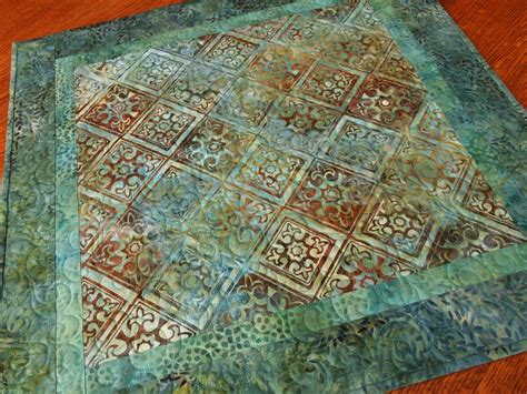 Batik Table Topper In Blues And Greens Quilted Square Table
