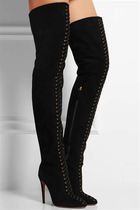 Autumn Winter Newest Lace Up Thigh High Boots High Quality Black Suede Over The Knee High Heel