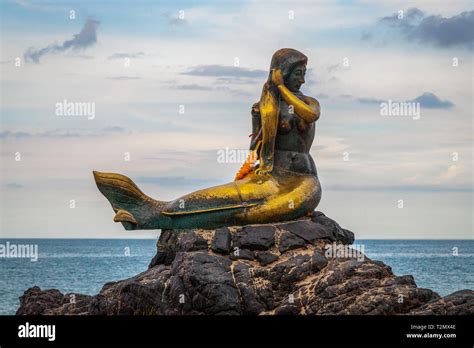 Golden Mermaid Statue At Samila Beach Songkhla Thailand Stock Photo