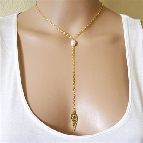 Pearl Cleavage Necklace Layered Long Gold Necklace By LayeredLong