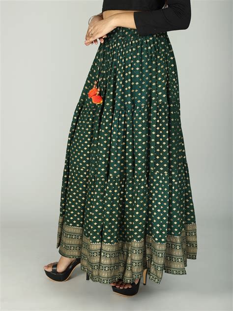 All Over Golden Motif Print Ethnic Skirt From Gujarat With Dori
