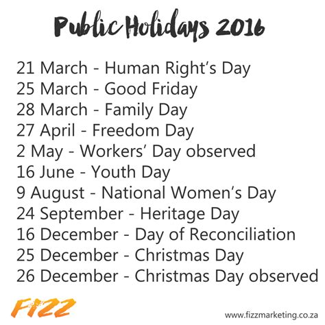 Fizz Marketing Printable A Handy List Of South African Public Holidays