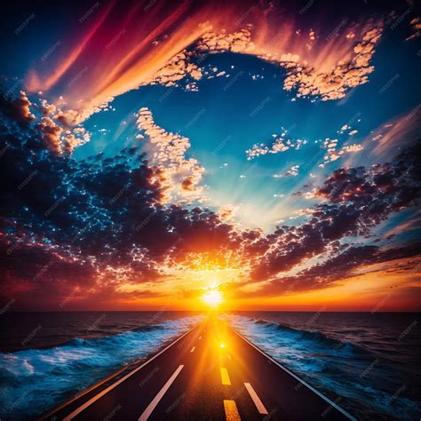 Premium Ai Image Beautiful Sun Rising Sky With Asphalt Highways Road