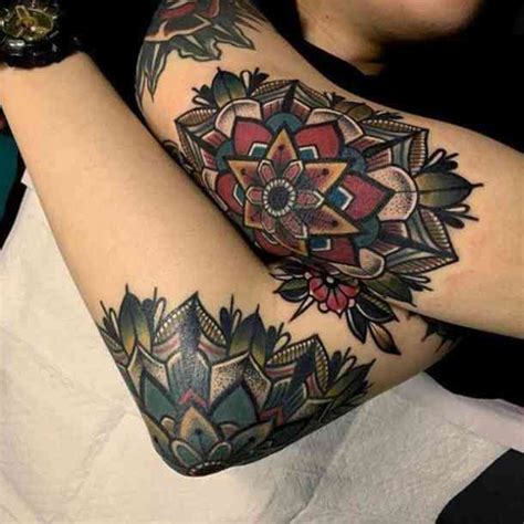 Flower Tattoos On Upper Arms And Elbows Neo Traditional Tattoos