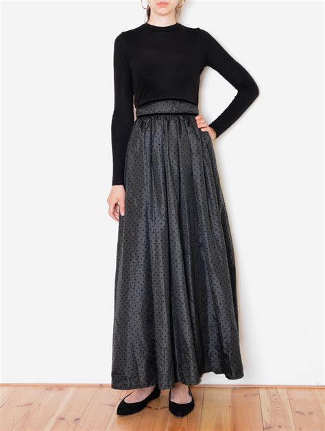 90s Dotted Taffeta Skirt Black Maxi Length Full Skirt Etsy Taffeta