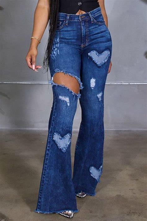 Fashion Casual Solid Ripped High Waist Regular Jeans Blue Fashion Fashion Womens Flare Jeans