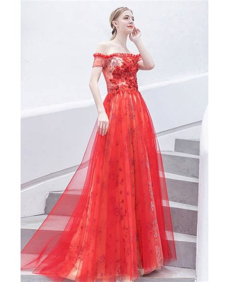 Red Sparkly Flowers Long Tulle Party Dress With Off Shoulder Wholesale