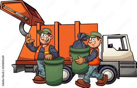 Cartoon Garbage Men With Truck Picking Up Trash Vector Clip Art