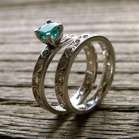 Emerald And Gold Fantasy Inspired Engagement And Wedding Rings