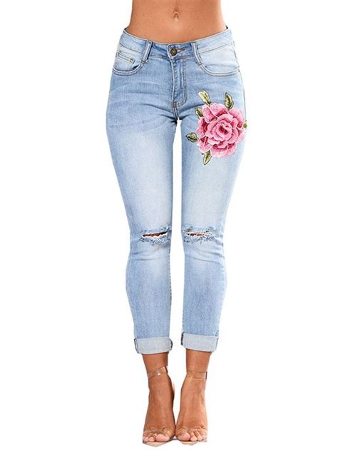Persun Womens High Waist Rose Embroidered Ripped Denim Skinny Jeans